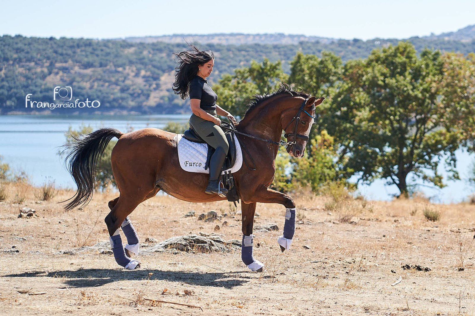 Chica montando un caballo marrón en un parque natural con un lago al fondo
