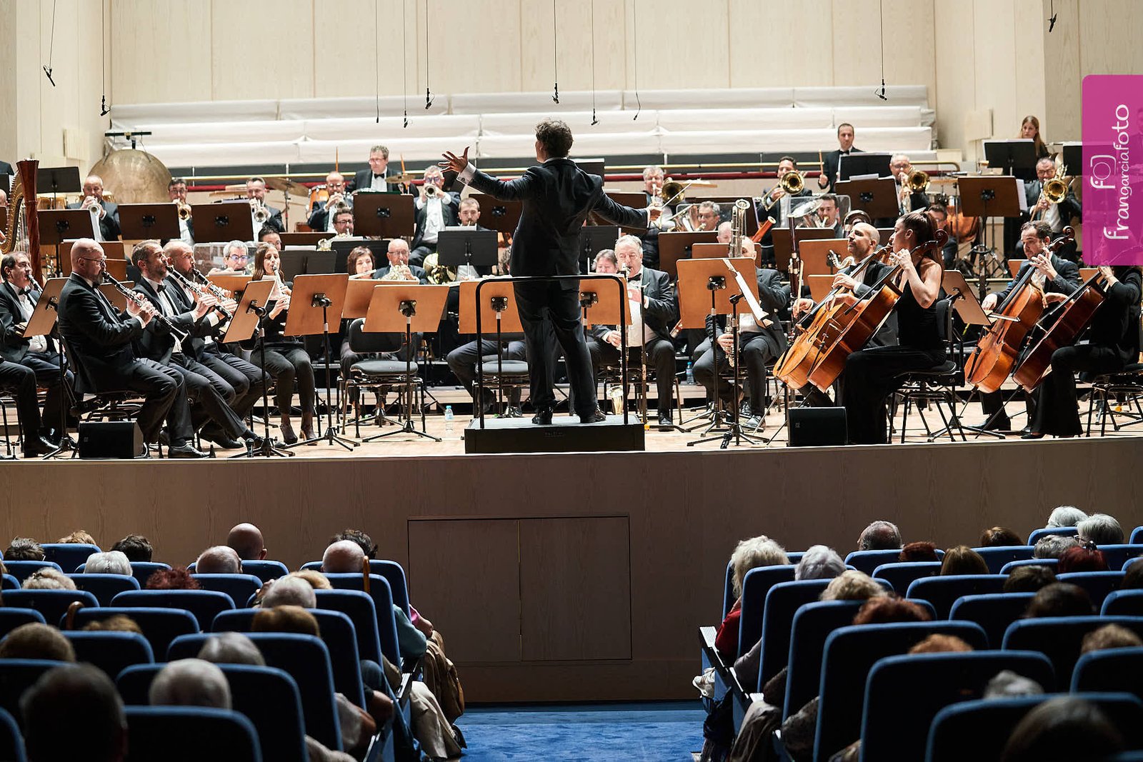 Director de Orquesta dirigiendo sus músicos en un auditorio