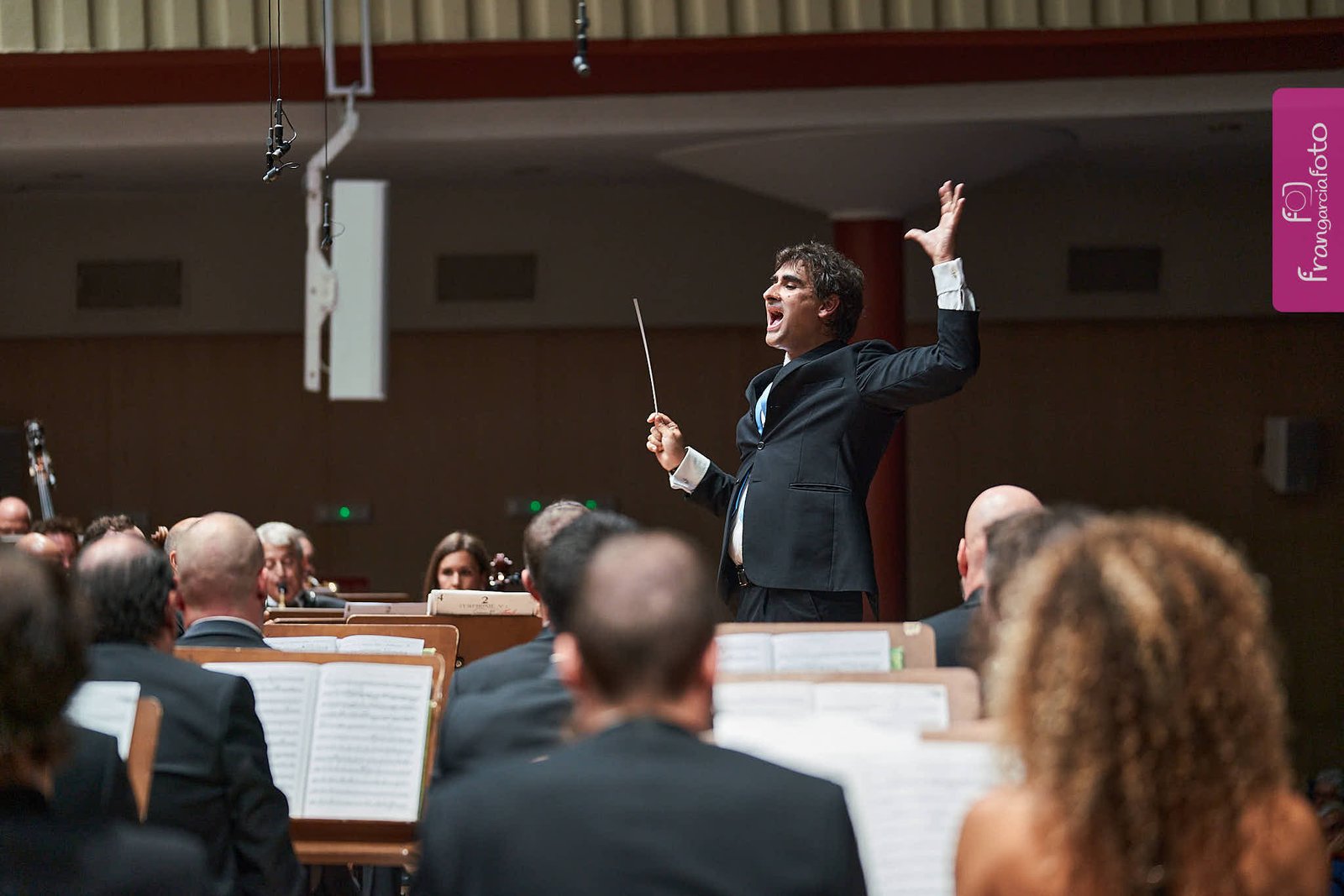 Director de Orquesta dirigiendo sus músicos en un auditorio