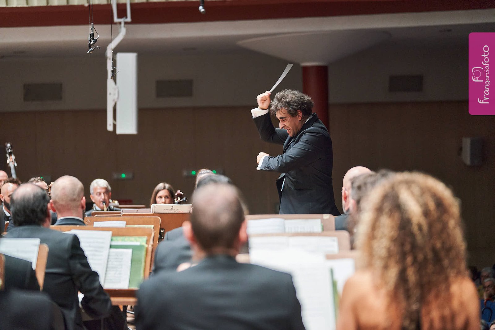 Director de Orquesta dirigiendo sus músicos en un auditorio
